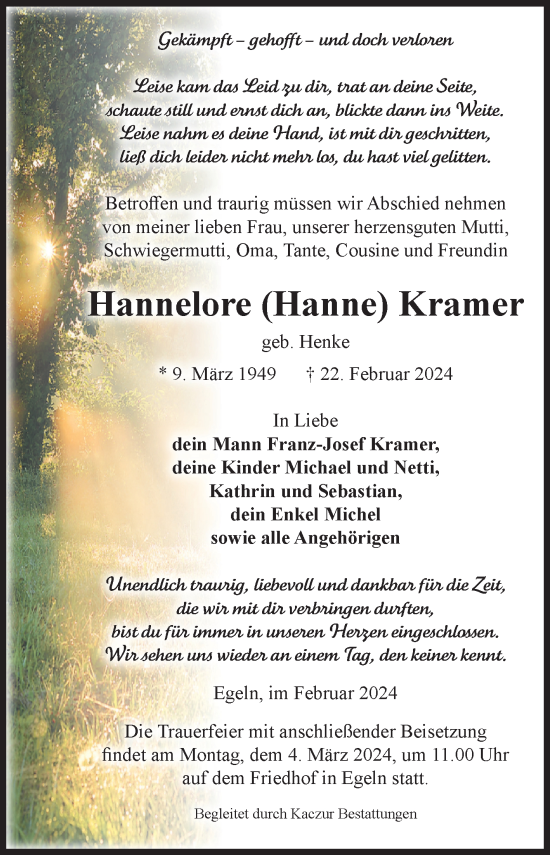 Traueranzeige von Hannelore Kramer von Volksstimme Staßfurt