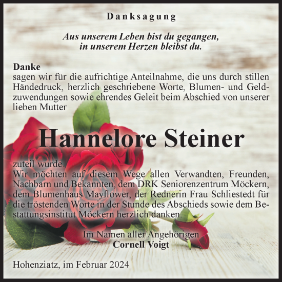 Traueranzeige von Hannelore Steiner von Volksstimme Burg/Genthin