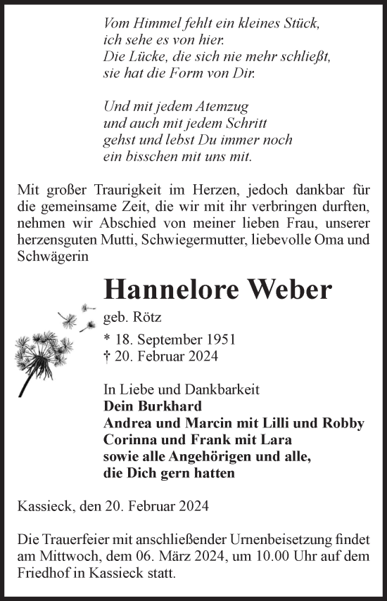 Traueranzeige von Hannelore Weber von Volksstimme Altmark West