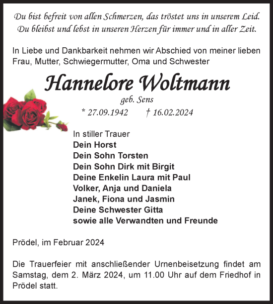 Traueranzeige von Hannelore Woltmann von Volksstimme Zerbst