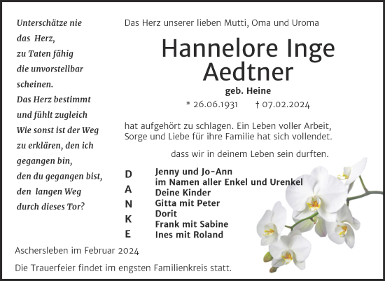 Traueranzeige von Hannelore Inge Aedtner von Trauerkombi Aschersleben