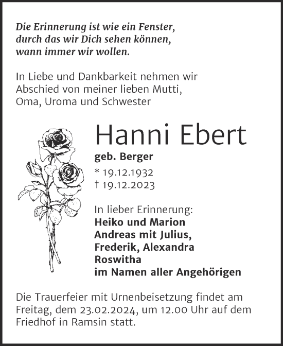 Traueranzeige von Hanni Ebert von Trauerkombi Bitterfeld