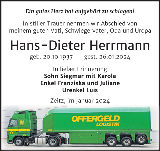 Traueranzeige von Hans-Dieter Herrmann von Trauerkombi Zeitz