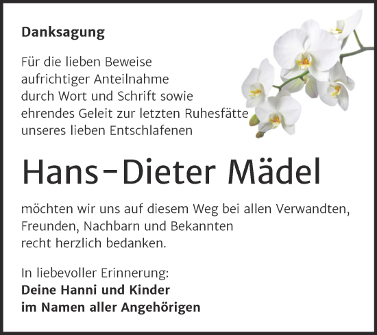 Traueranzeige von Hans-Dieter Mädel von Trauerkombi Mansfelder Land