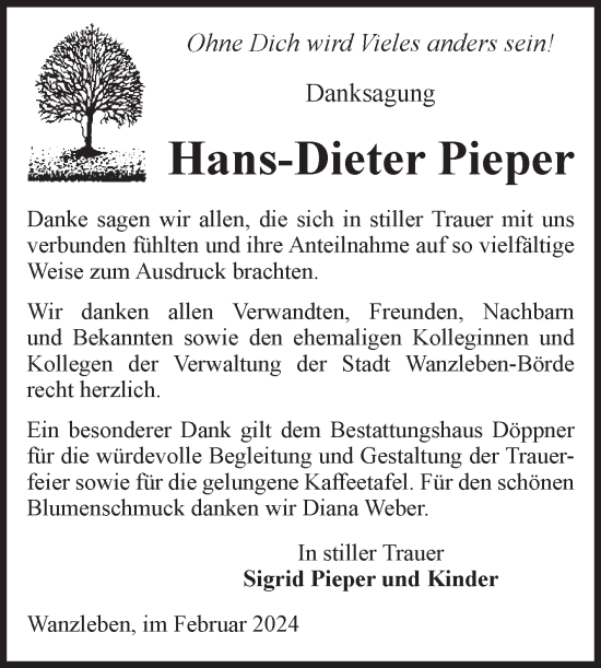 Traueranzeige von Hans-Dieter Pieper von Volksstimme Oschersleben/Wanzleben
