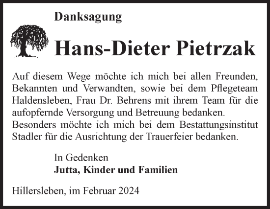 Traueranzeige von Hans-Dieter Pietrzak von Volksstimme Haldensleben/Wolmirstedt
