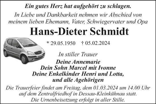 Traueranzeige von Hans-Dieter Schmidt von Trauerkombi Dessau