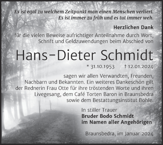 Traueranzeige von Hans-Dieter Schmidt von Trauerkombi Merseburg