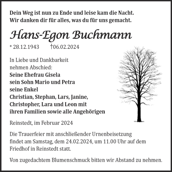 Traueranzeige von Hans-Egon Buchmann von Trauerkombi Quedlinburg