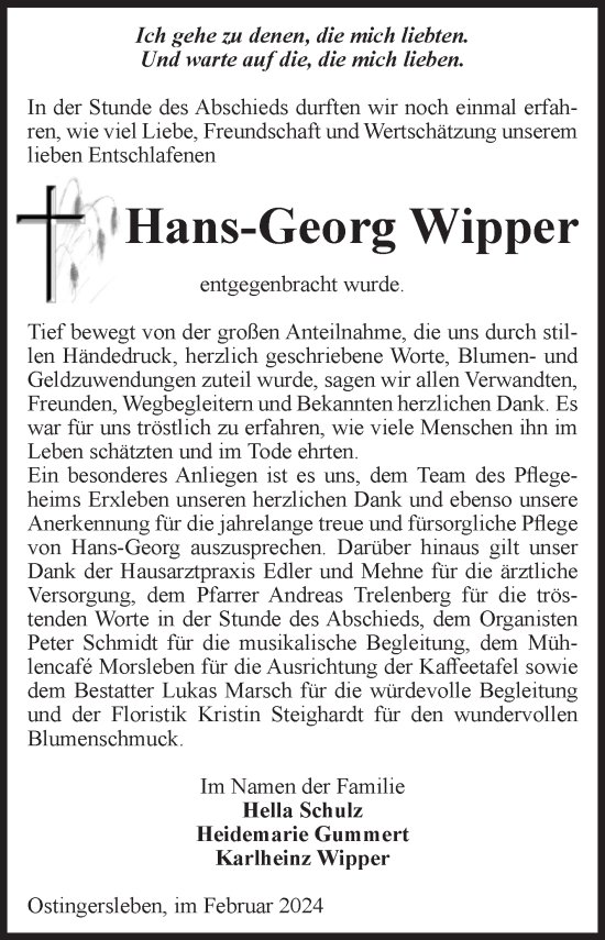 Traueranzeige von Hans-Georg Wipper von Volksstimme Oschersleben/Wanzleben