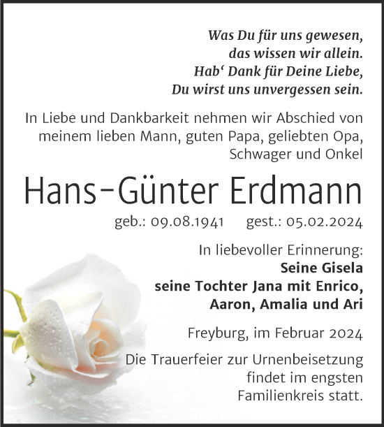 Traueranzeige von Hans-Günter Erdmann von Naumburger Tageblatt