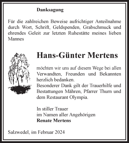 Traueranzeige von Hans-Günter Mertens von Volksstimme Altmark Ost