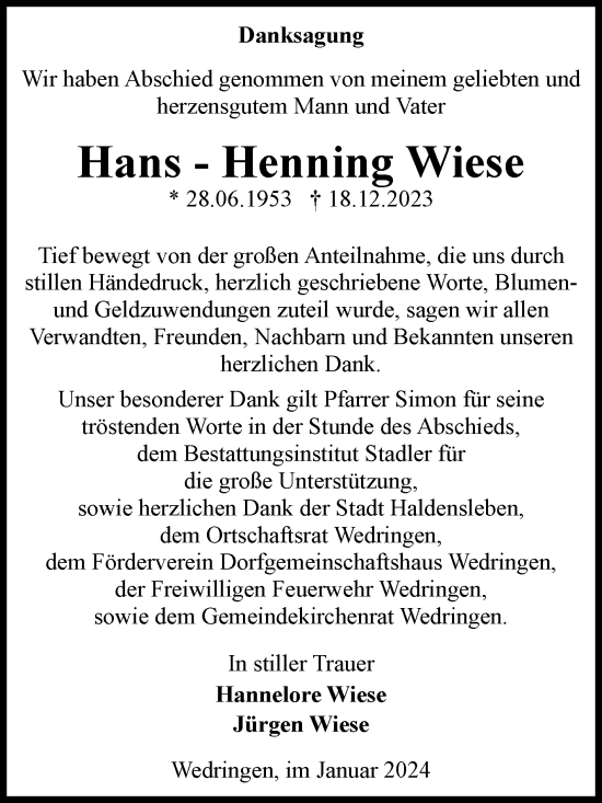 Traueranzeige von Hans-Henning Wiese von Volksstimme Magdeburg