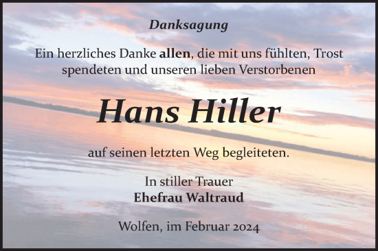 Traueranzeige von Hans Hiller von Trauerkombi Bitterfeld