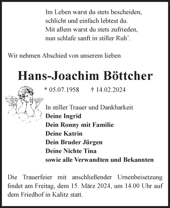 Traueranzeige von Hans-Joachim Böttcher von Volksstimme Burg/Genthin