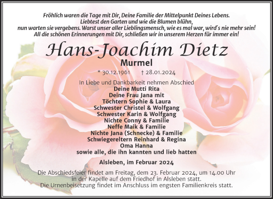 Traueranzeige von Hans-Joachim Dietz von Trauerkombi Bernburg