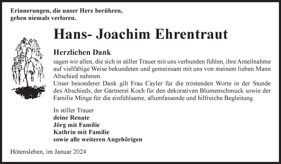 Traueranzeige von Hans-Joachim Ehrentraut von Volksstimme Oschersleben/Wanzleben