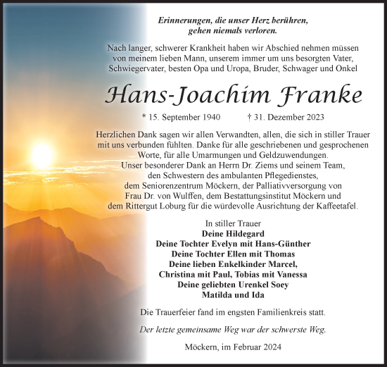 Traueranzeige von Hans-Joachim Franke von Volksstimme Burg/Genthin