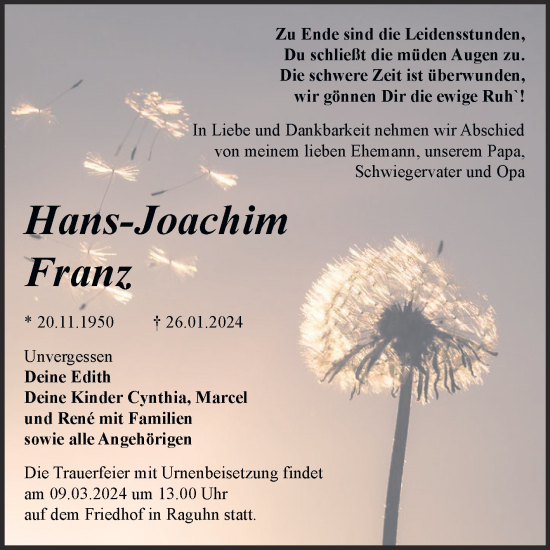 Traueranzeige von Hans-Joachim Franz von Trauerkombi Bitterfeld
