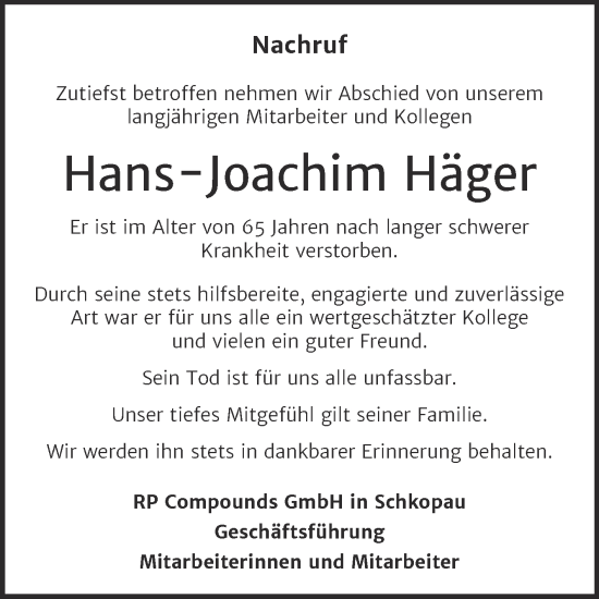 Traueranzeige von Hans-Joachim Häger von Mitteldeutsche Zeitung Merseburg/Querfurt
