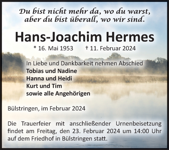 Traueranzeige von Hans-Joachim Hermes von Volksstimme Haldensleben/Wolmirstedt