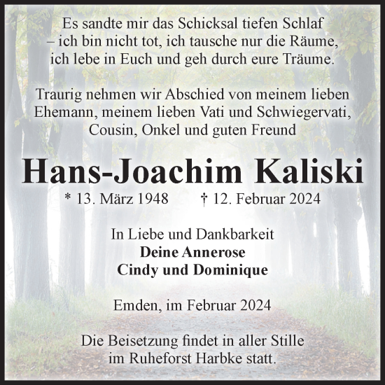 Traueranzeige von Hans-Joachim Kaliski von Volksstimme Haldensleben/Wolmirstedt
