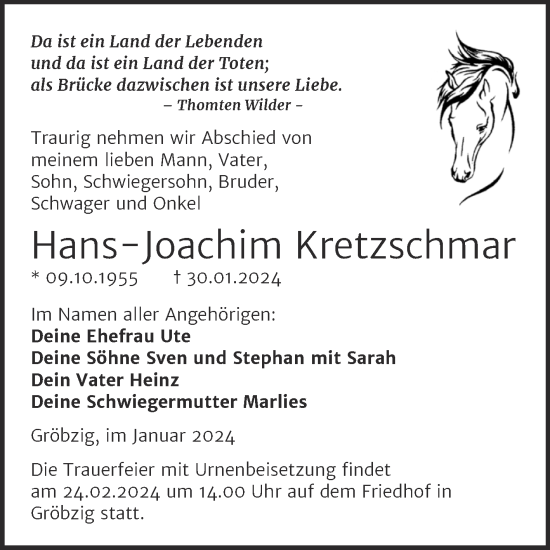 Traueranzeige von Hans-Joachim Kretzschmar von Trauerkombi Bernburg