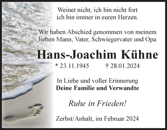 Traueranzeige von Hans-Joachim Kühne von Volksstimme Zerbst
