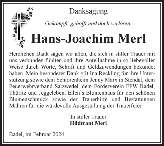 Traueranzeige von Hans-Joachim Merl von Volksstimme Altmark West