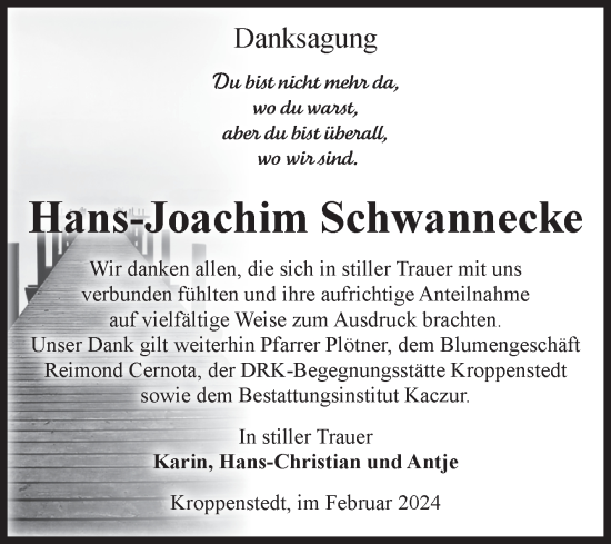 Traueranzeige von Hans-Joachim Schwannecke von Volksstimme Oschersleben/Wanzleben