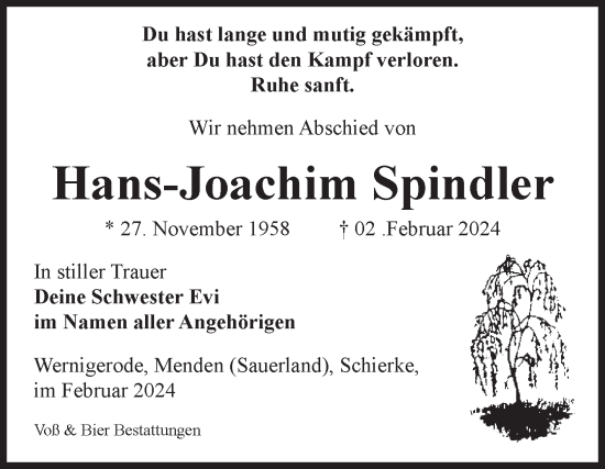 Traueranzeige von Hans-Joachim Spindler von Volksstimme Wernigerode