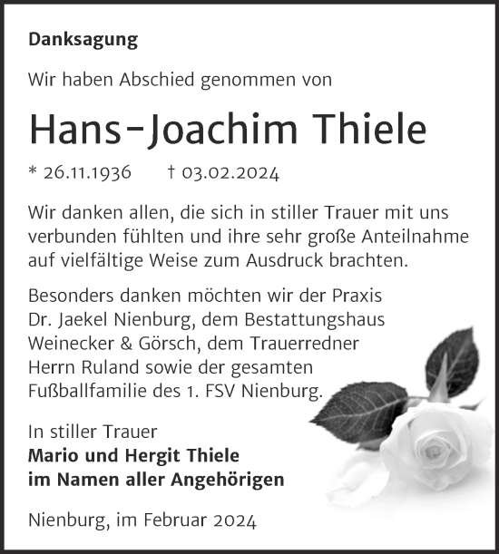 Traueranzeige von Hans-Joachim Thiele von Trauerkombi Bernburg