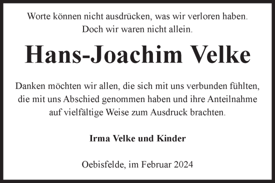 Traueranzeige von Hans-Joachim Velke von Volksstimme Altmark West