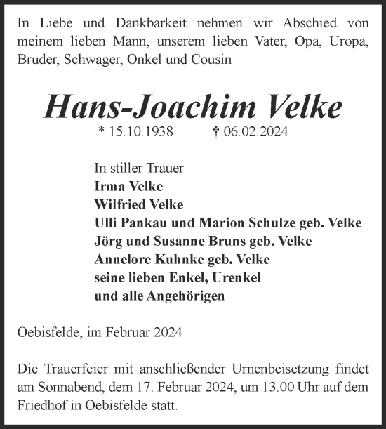 Traueranzeige von Hans-Joachim Velke von Volksstimme Altmark West