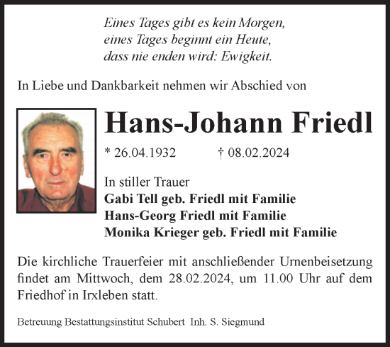 Traueranzeige von Hans-Johann Friedl von Volksstimme Magdeburg