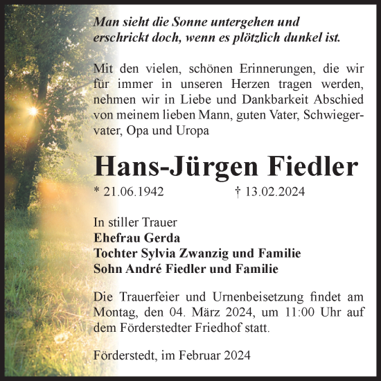 Traueranzeige von Hans-Jürgen Fiedler 