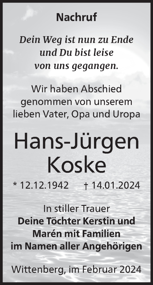Traueranzeige von Hans-Jürgen Koske von Trauerkombi Wittenberg