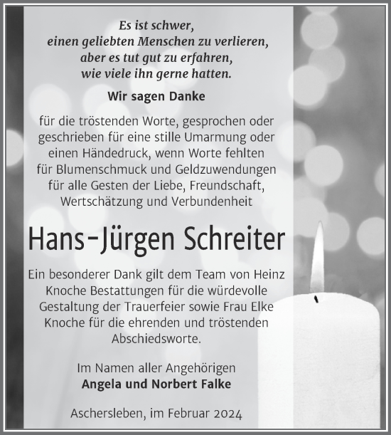 Traueranzeige von Hans-Jürgen Schreiter von Trauerkombi Aschersleben