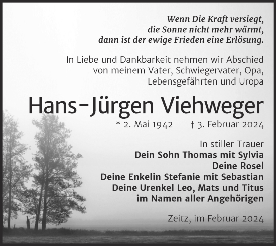 Traueranzeige von Hans-Jürgen Viehweger von Trauerkombi Zeitz