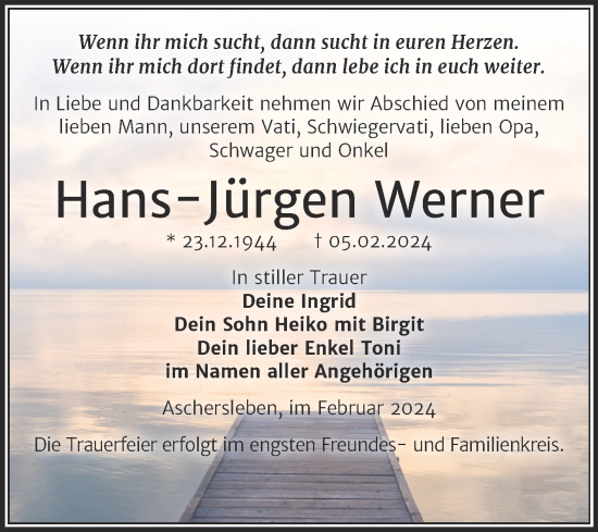 Traueranzeige von Hans-Jürgen Werner von Trauerkombi Aschersleben