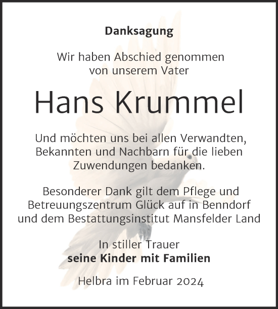 Traueranzeige von Hans Krummel von Trauerkombi Mansfelder Land