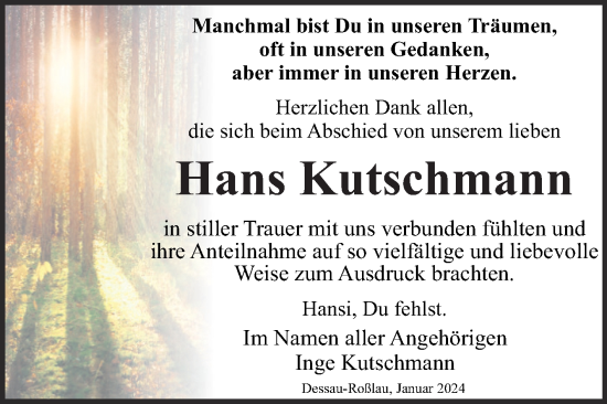 Traueranzeige von Hans Kutschmann von Trauerkombi Dessau