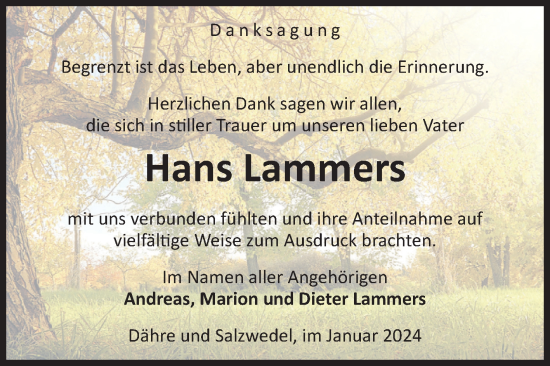 Traueranzeige von Hans Lammers von Volksstimme Altmark West