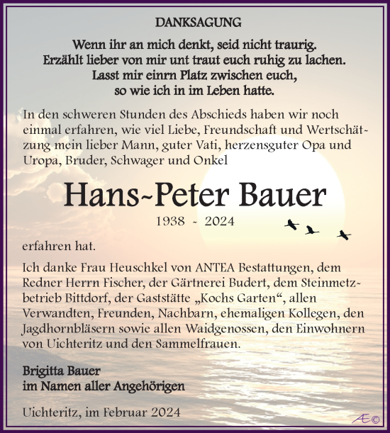 Traueranzeige von Hans-Peter Bauer von Trauerkombi Weißenfels