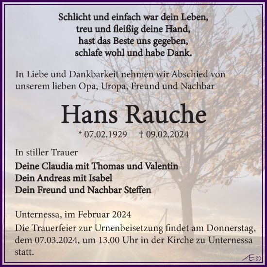 Traueranzeige von Hans Rauche von Trauerkombi Weißenfels