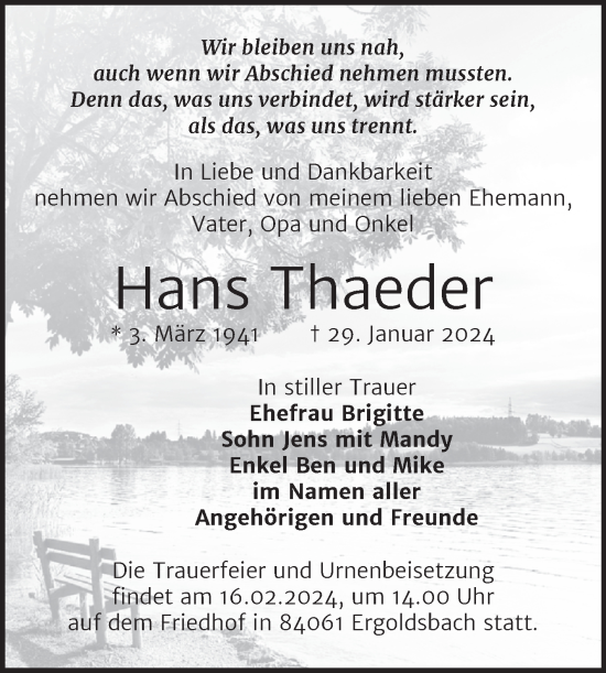 Traueranzeige von Hans Thaeder von Trauerkombi Weißenfels