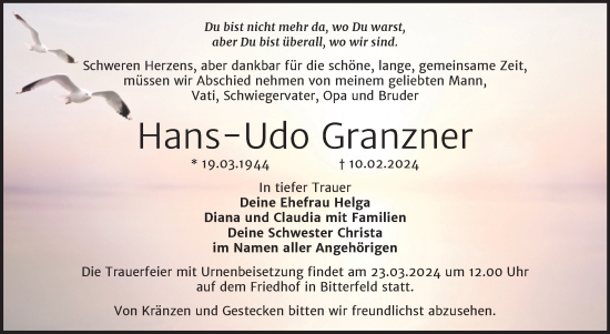 Traueranzeige von Hans-Udo Granzner von Trauerkombi Bitterfeld