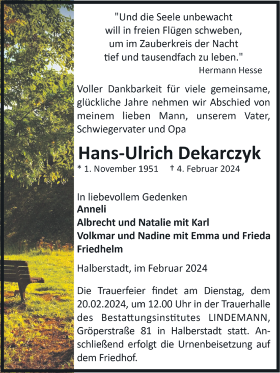 Traueranzeige von Hans-Ulrich Dekarczyk von Volksstimme Halberstadt