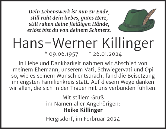 Traueranzeige von Hans-Werner Killinger von Trauerkombi Mansfelder Land