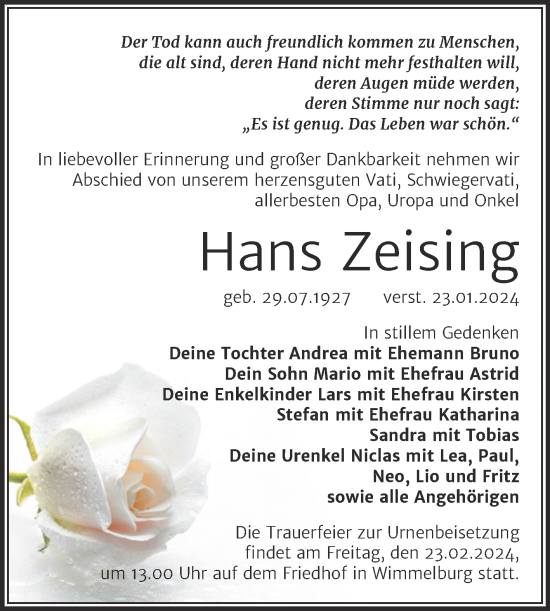Traueranzeige von Hans Zeising von Trauerkombi Mansfelder Land